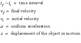 t sub f - t sub i = time interval; v sub f = final velocity; v sub i = initial velocity; a = uniform acceleration; s = displacement of the object in motion