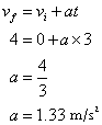 v sub f = v sub i + at; 4 = 0 + a x 3; a = 4/3; a = 1.33 m/s squared