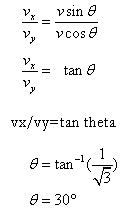 v sub x / v sub y = v sine of theta / v cosine of theta; v sub x / v sub y = v tangent of theta; 10 / 10 square root of 3 = tangent of theta; theta = tan ^-1 (1/square root of 3); theta = 30 degrees